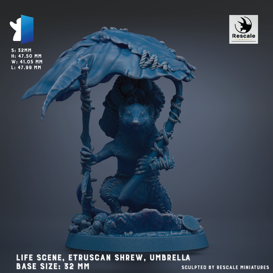 The image is a 3D rendering of a figurine of a creature, possibly a mythical or fantastical being, holding an umbrella. The creature is depicted in a crouched position, with its head and arms wrapped around the umbrella. The base of the figurine is blue, and the image is labeled with the text "LIFE SCENE, ETRUSCAN SHEW, UMBRELLA" and "BASE SIZES: 32 MM".