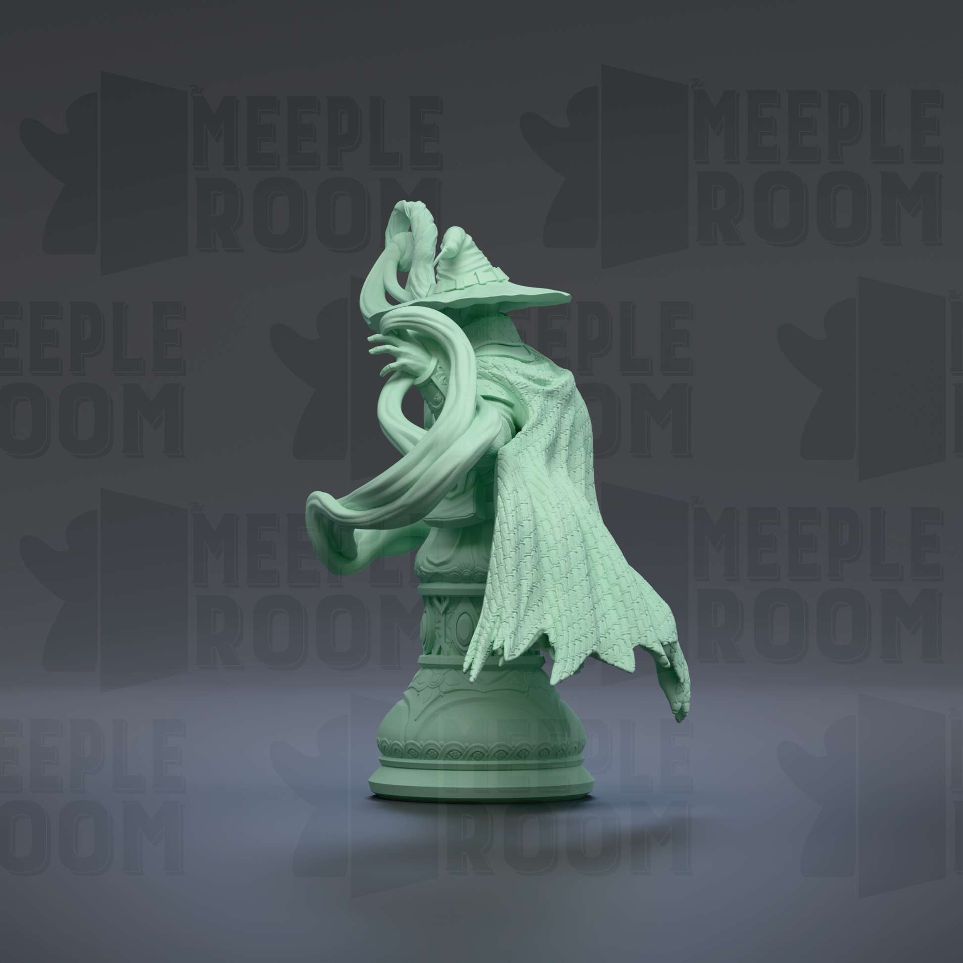 A green statue of a figure with flowing robes and a pointed hat, standing on a pedestal against a dark background with repeated "MEEPLE ROOM" text.