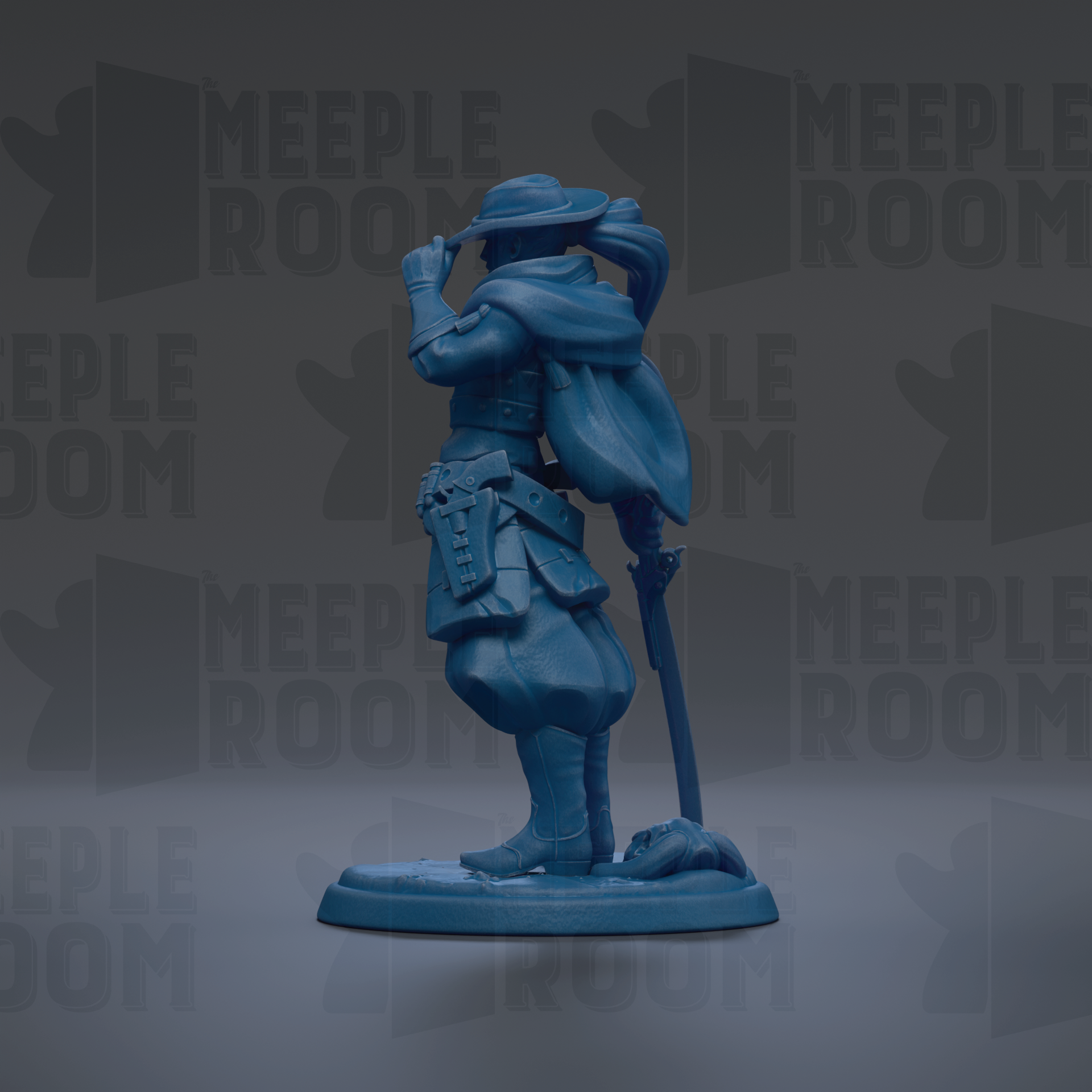 A blue figurine of a person standing on a base, with the text "MEUPLE ROOM" repeated in the background.