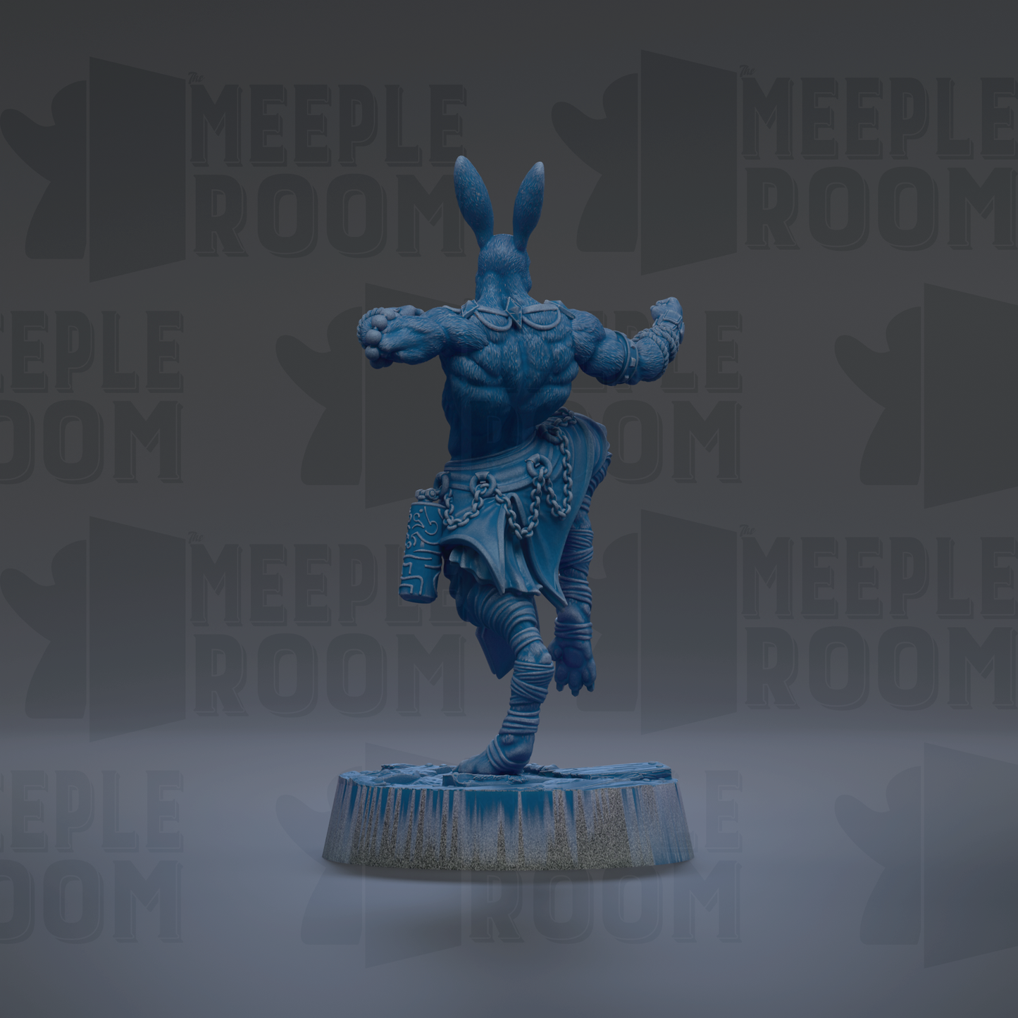 A blue, muscular figurine of a human-like creature with horns and a tail, standing on a platform and facing away from the camera.