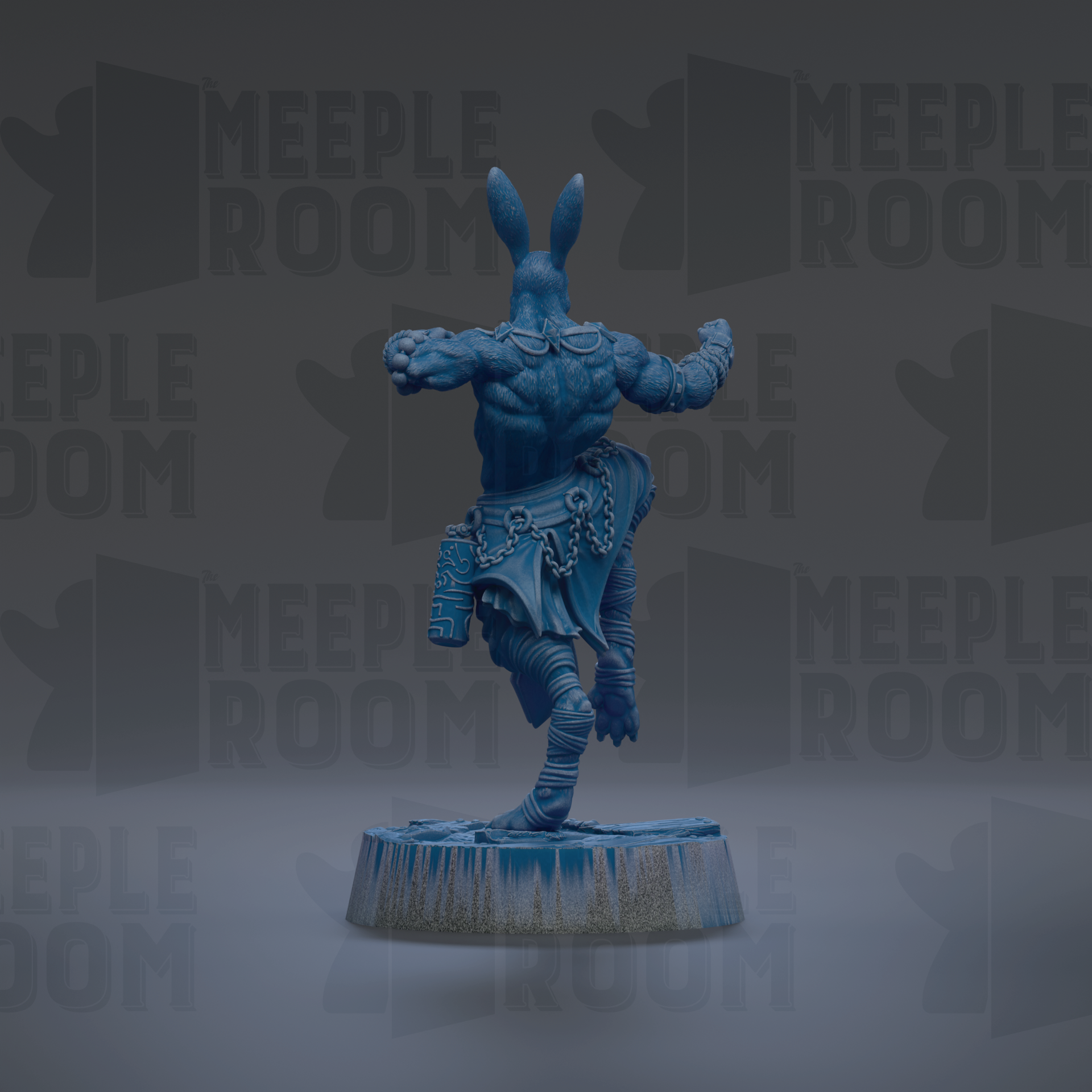 A blue, muscular figurine of a human-like creature with horns and a tail, standing on a platform and facing away from the camera.