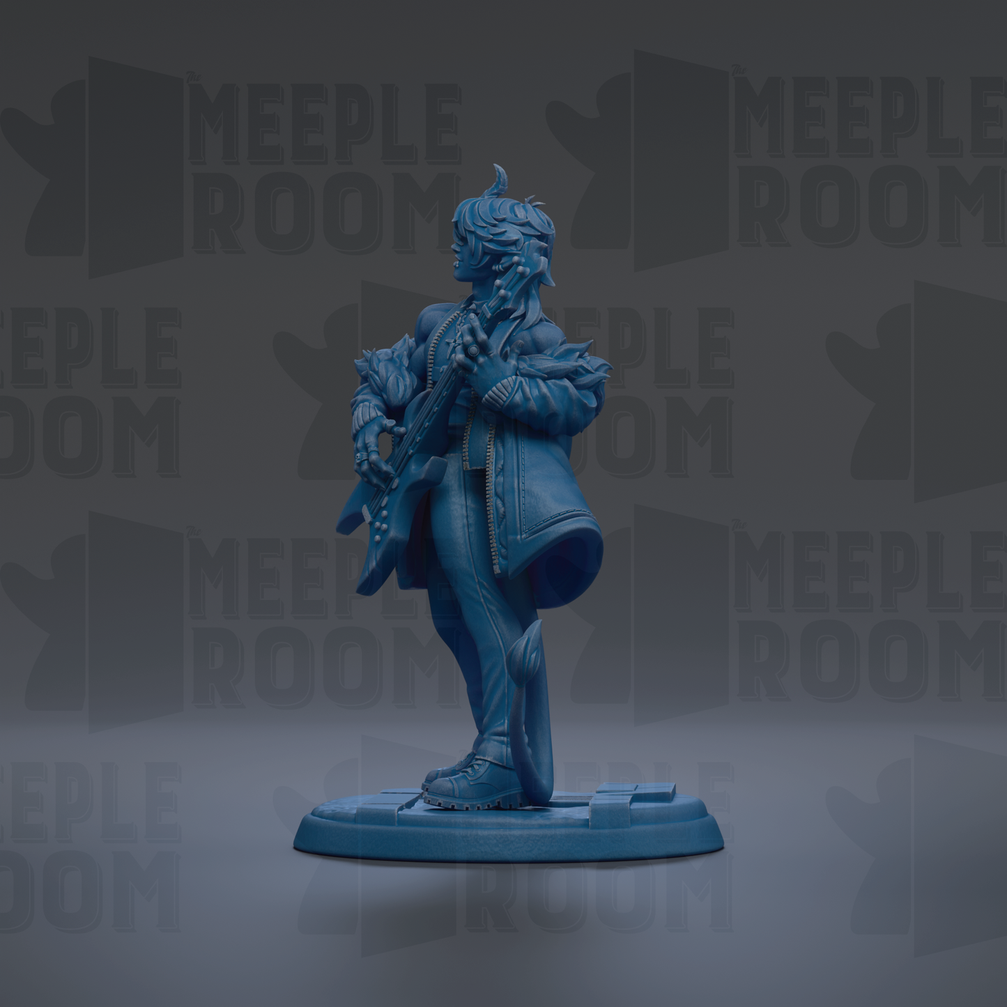 A blue figurine of a person playing a guitar is shown against a dark background with repeated text.