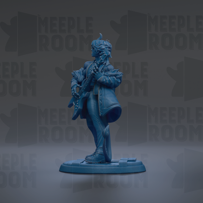 A blue figurine of a person playing a guitar is shown against a dark background with repeated text.