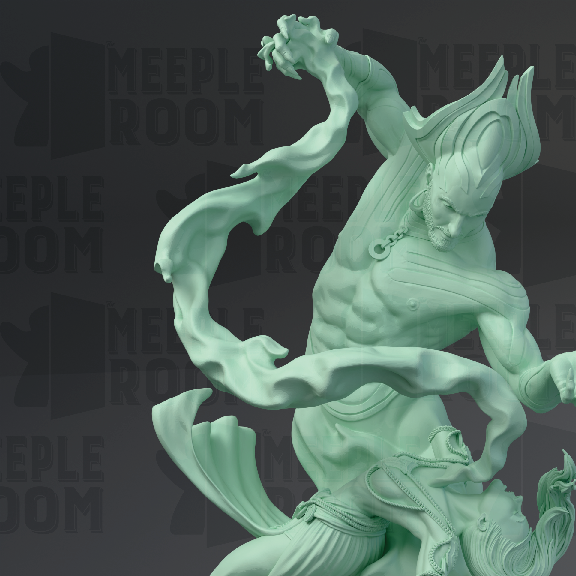 A green, sculptural statue depicting a dynamic, muscular figure with flowing, flowing hair and a fierce expression, set against a dark background with repeated text.