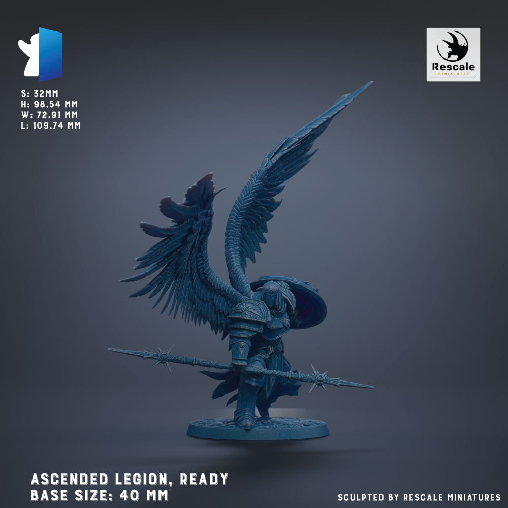 a winged warrior figure with a shield, standing on a base and ready for action.