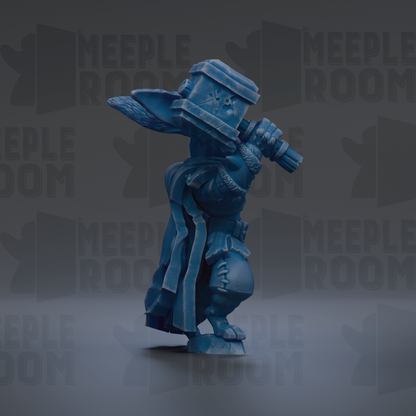 A blue, 3D-rendered character with a sword and shield stands in the center of the image against a dark background with repeated text.