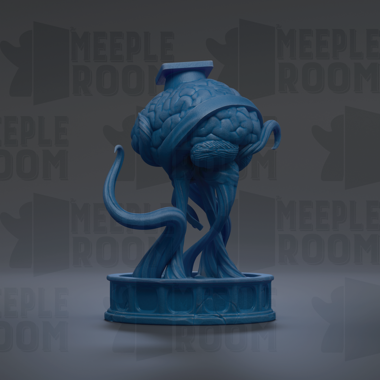 A blue, abstract sculpture resembling a brain or skull, with a curved, organic shape and a textured surface.