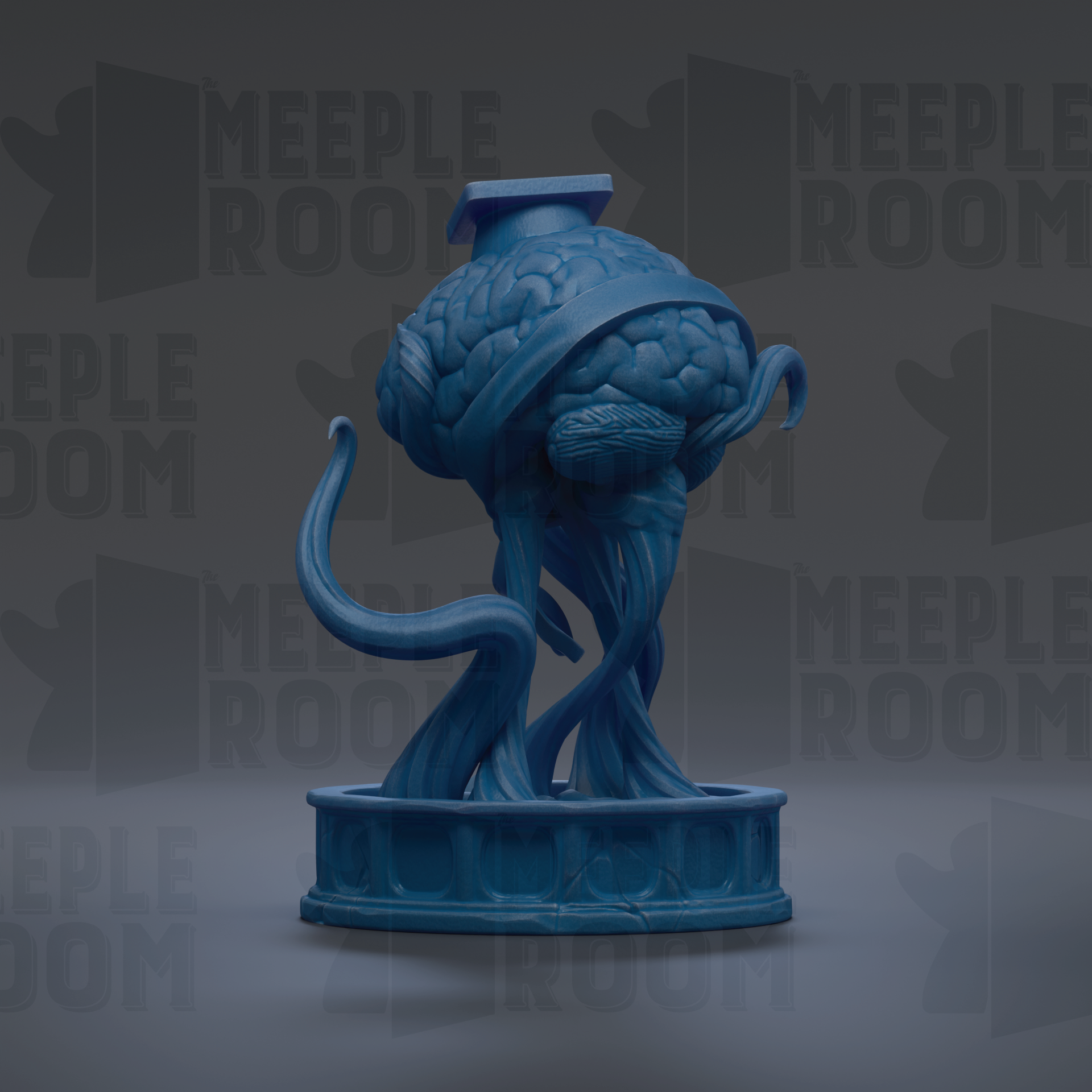 A blue, abstract sculpture resembling a brain or skull, with a curved, organic shape and a textured surface.
