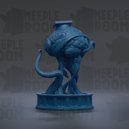 A blue, abstract sculpture resembling a brain or skull, with a curved, organic shape and a textured surface.