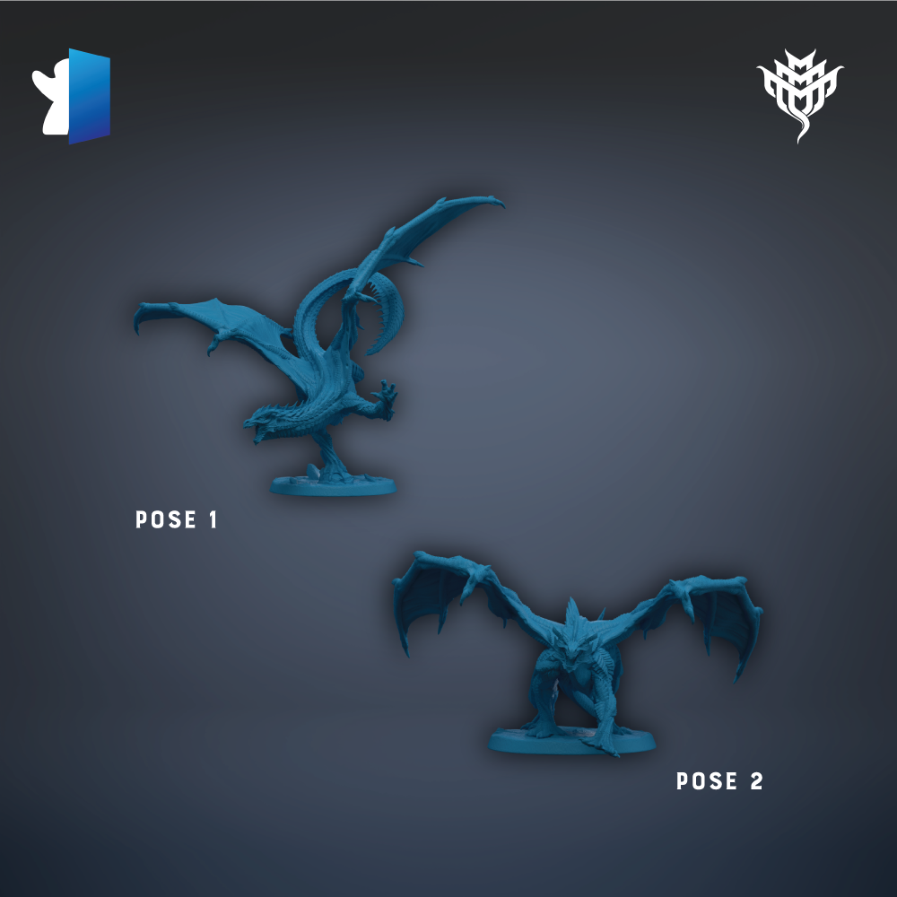 two blue dragon figurines, one standing and one in a crouched position, against a dark background.