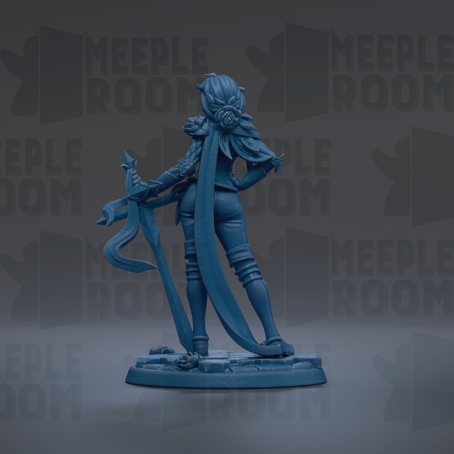 A blue figurine of a female character with a long, flowing skirt and a large headdress, holding a sword and standing on a platform.