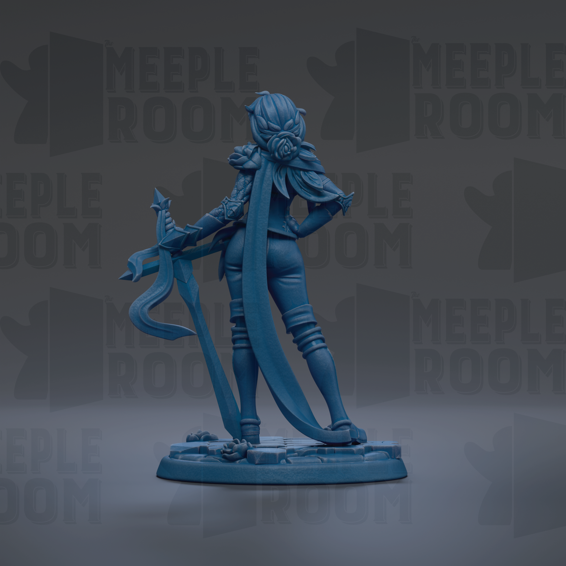 A blue figurine of a female character with a long, flowing skirt and a large headdress, holding a sword and standing on a platform.