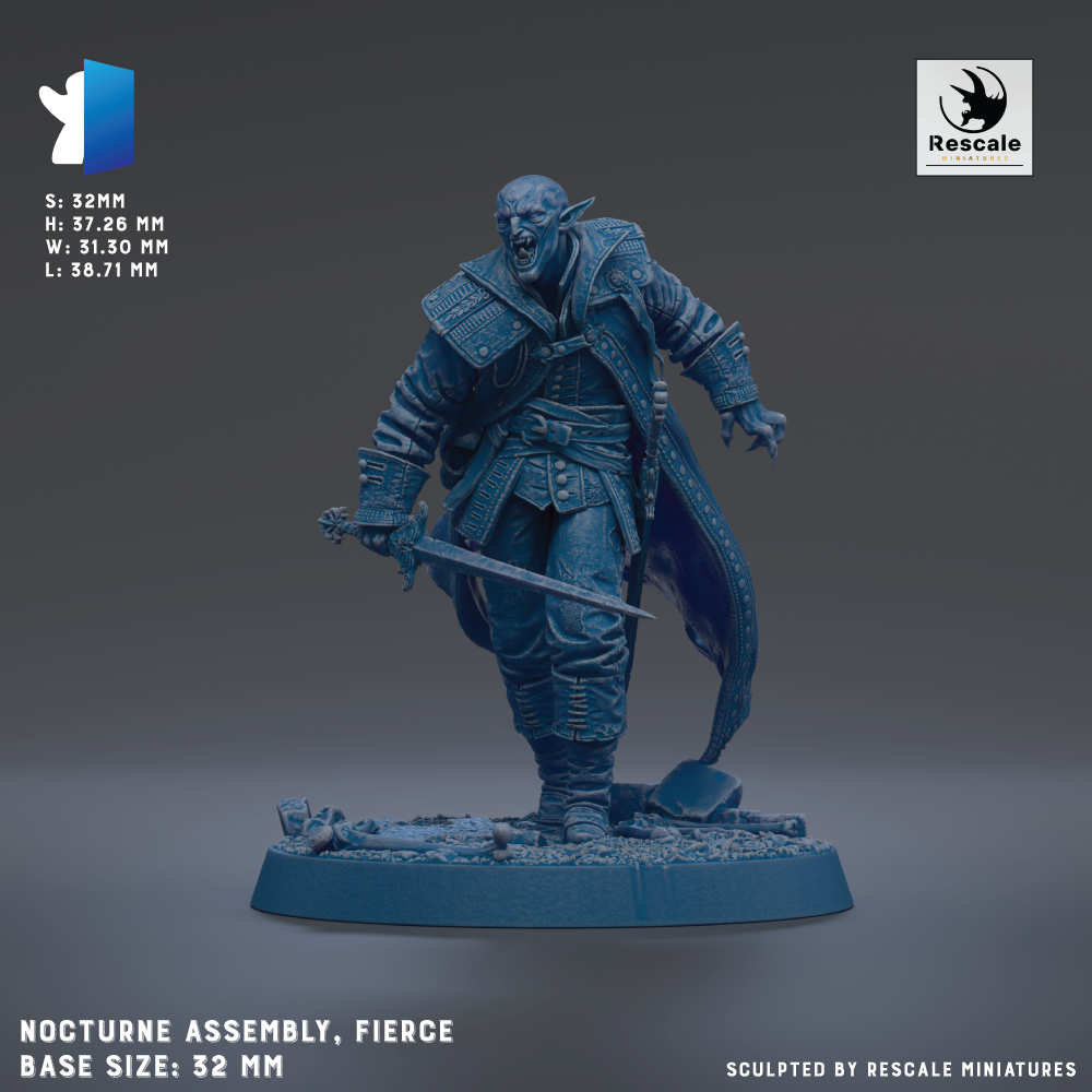 a fierce-looking blue warrior figure holding a sword, standing on a base. The base size is 32mm.