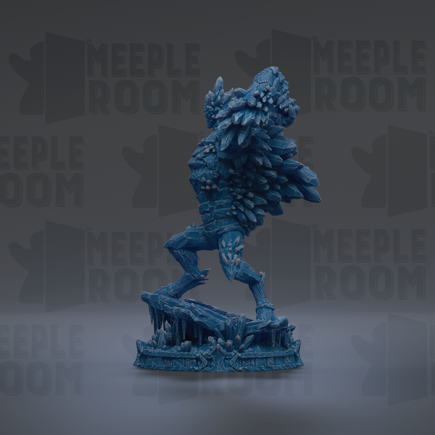 A blue, fantastical creature with a large head and long neck stands on a platform against a dark background with repeated "MEIPLE ROOM" text.