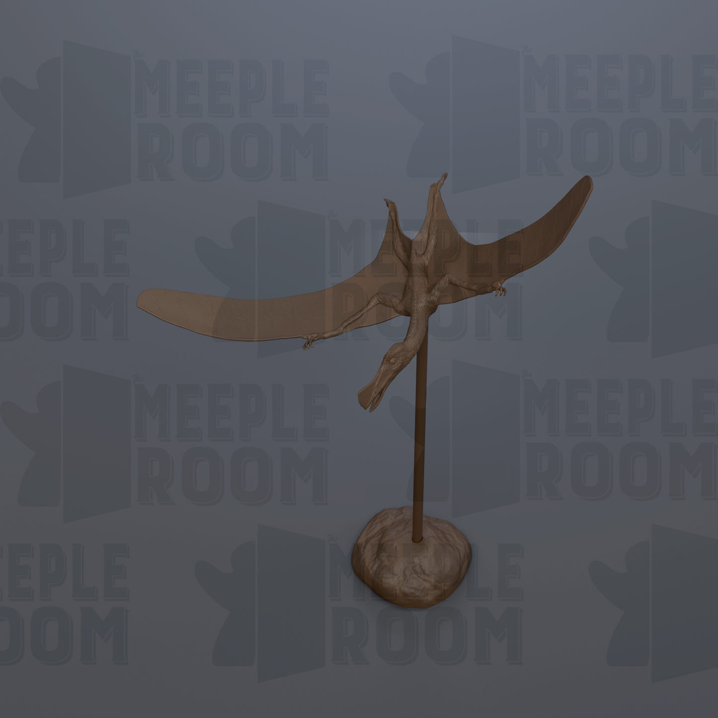 A 3D rendering of a pterodactyl sculpture on a stand, with the text "MEEPLE ROOM" repeated in the background.