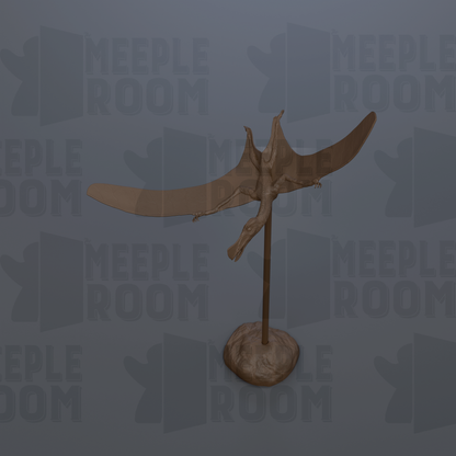 A 3D rendering of a pterodactyl sculpture on a stand, with the text "MEEPLE ROOM" repeated in the background.