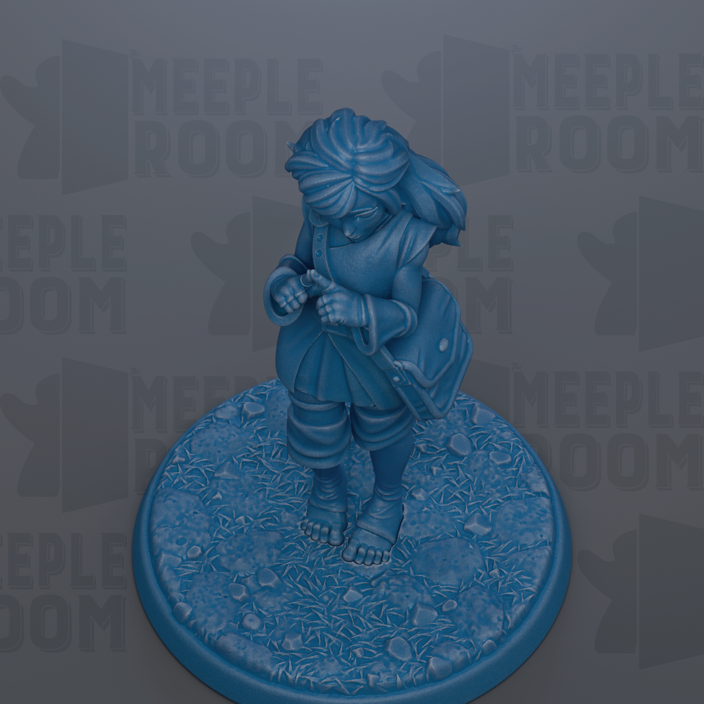 A blue figurine of a person standing on a blue base, with the text "MEUPLE ROOM" repeated in the background.