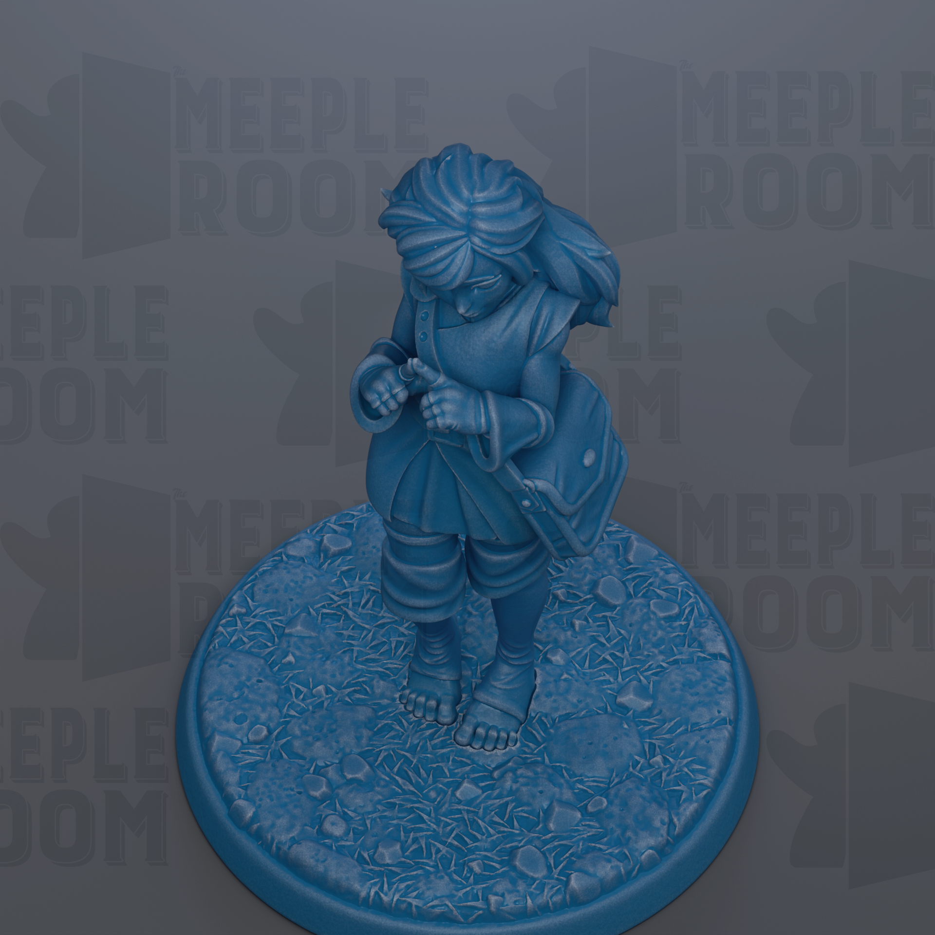A blue figurine of a person standing on a blue base, with the text "MEUPLE ROOM" repeated in the background.