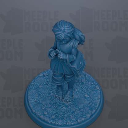 A blue figurine of a person standing on a blue base, with the text "MEUPLE ROOM" repeated in the background.