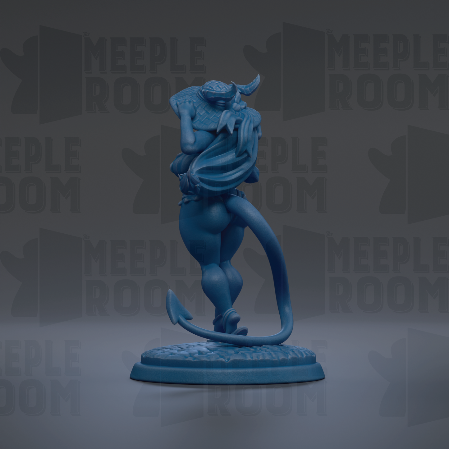 A blue figurine of a person with a large head and long tail, standing on a base.