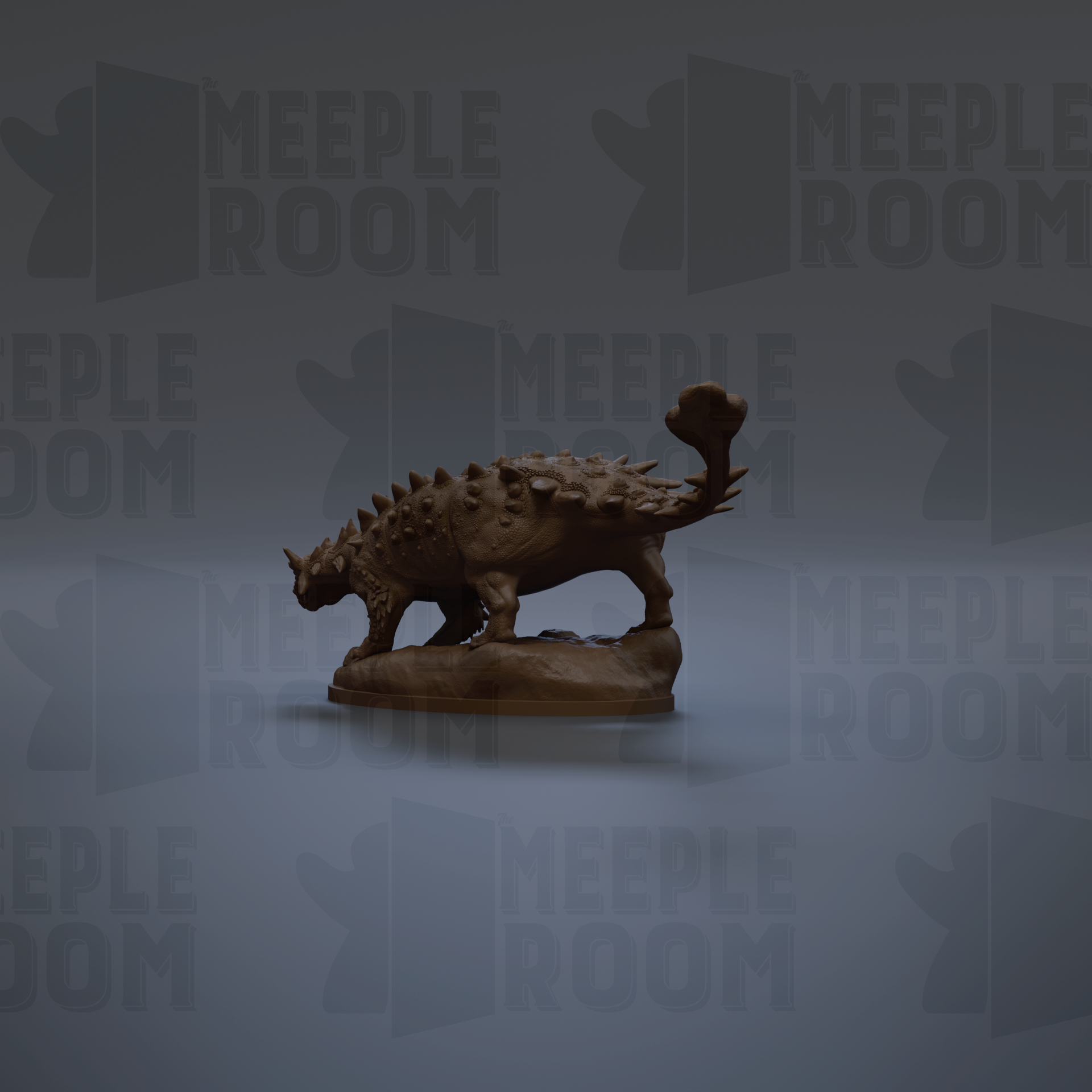 a brown dinosaur figurine against a gray background with repeated "MEIPLE ROOM" text.