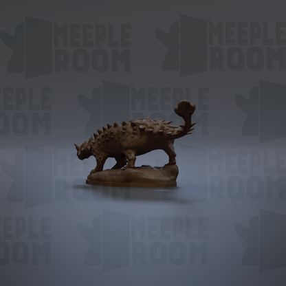 a brown dinosaur figurine against a gray background with repeated "MEIPLE ROOM" text.