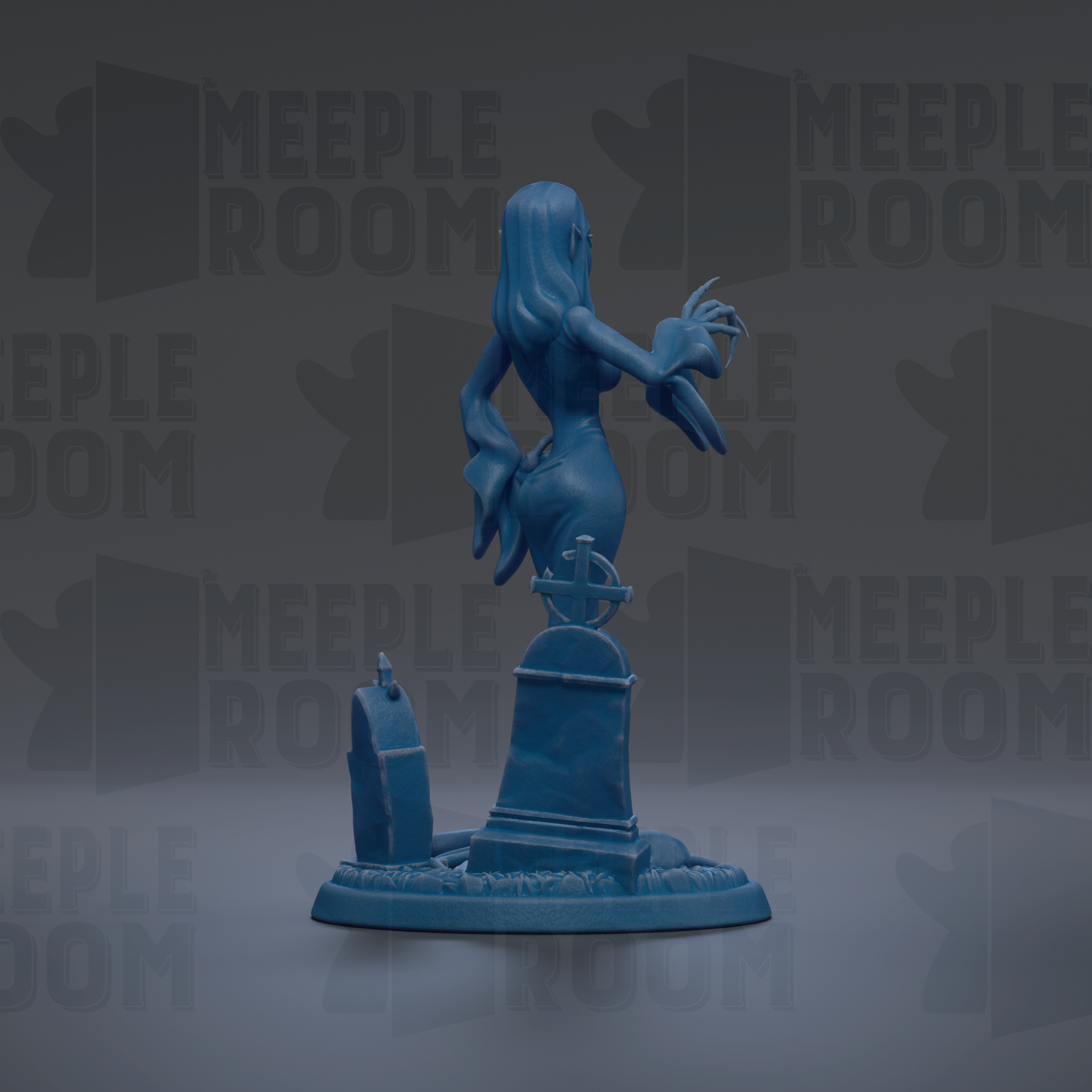 A blue figurine of a woman with long hair and a dark appearance, standing on a pedestal with a cross on top, against a dark background with repeated text.