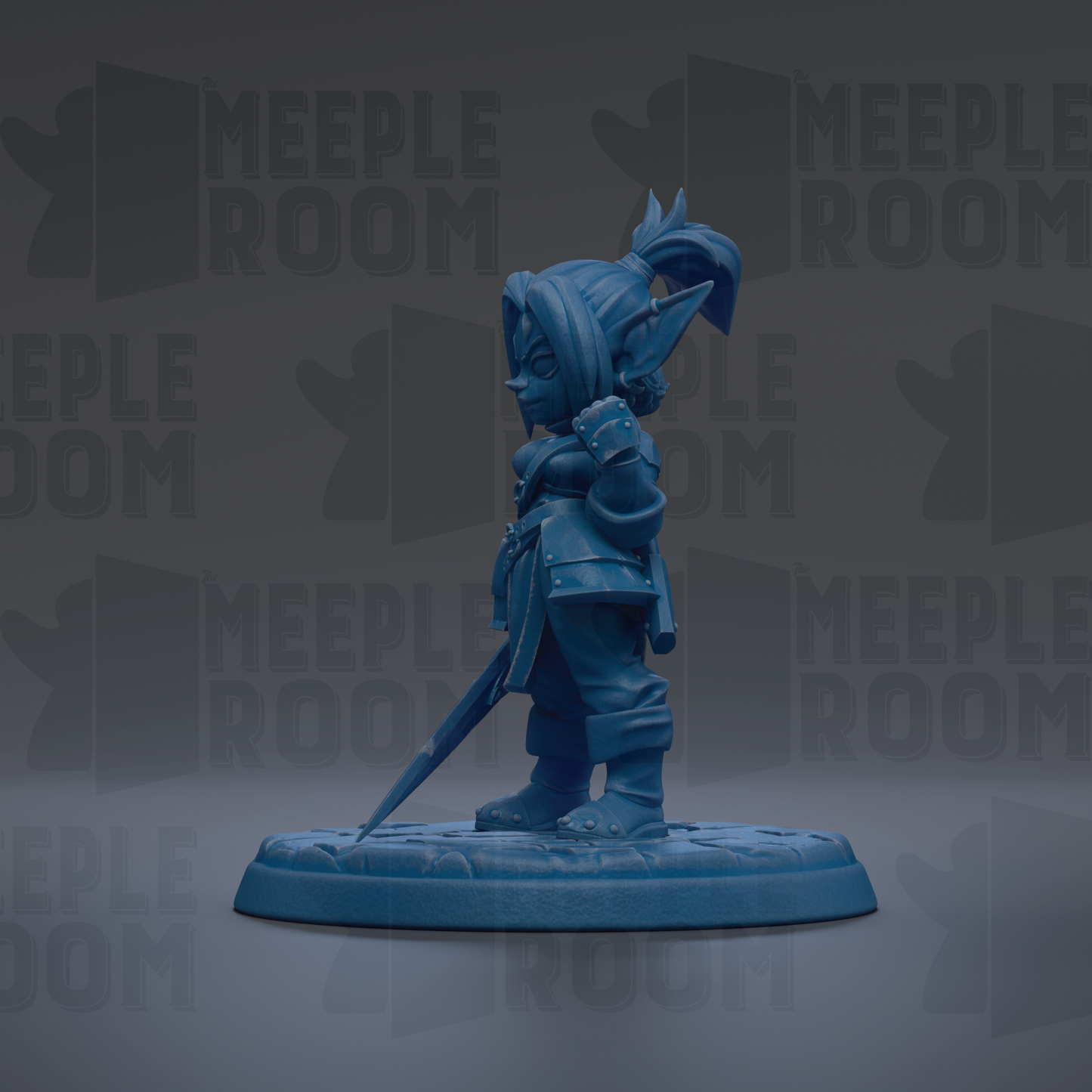 A blue figurine of a character with a pointed hat and sword stands on a base against a dark background with repeated text.