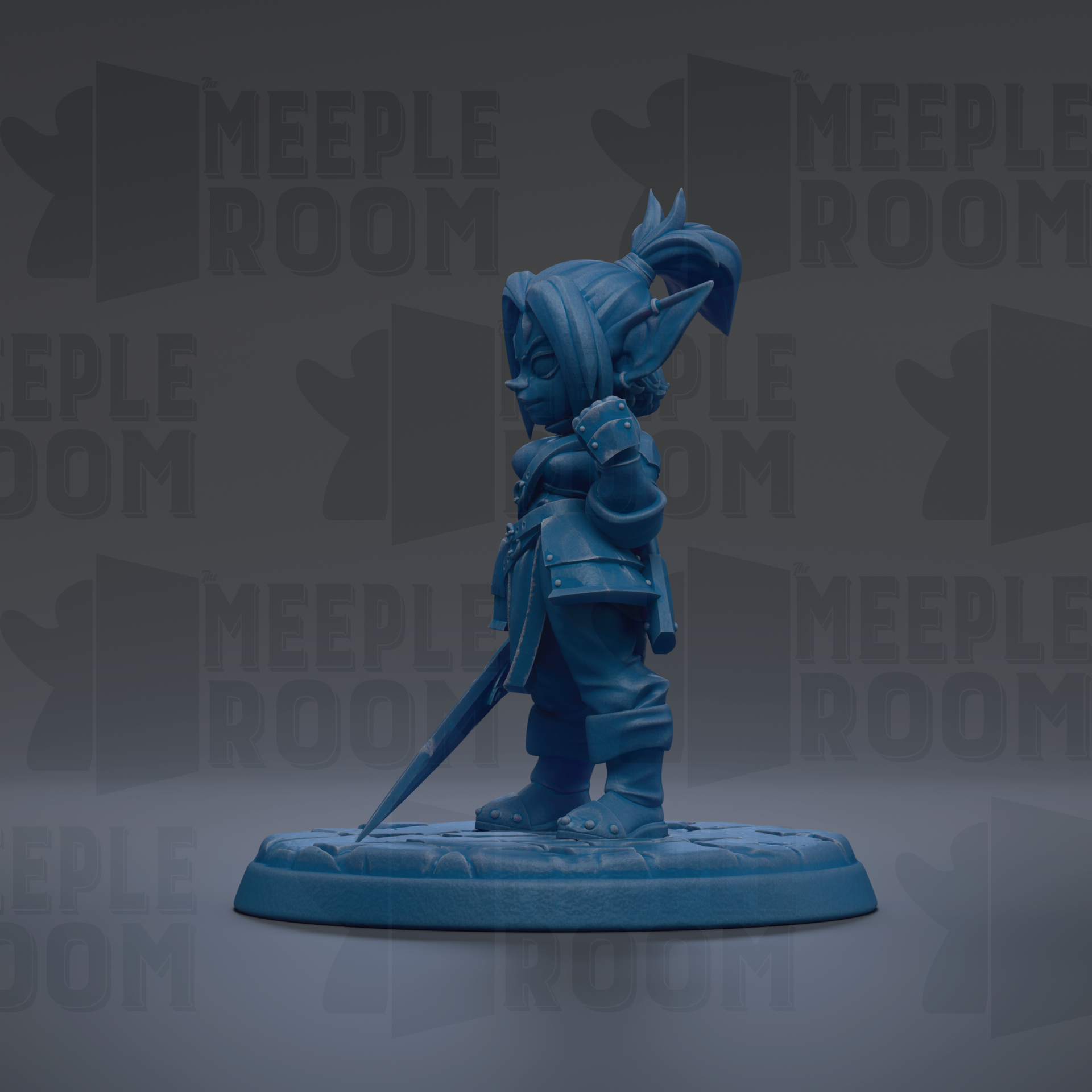 A blue figurine of a character with a pointed hat and sword stands on a base against a dark background with repeated text.