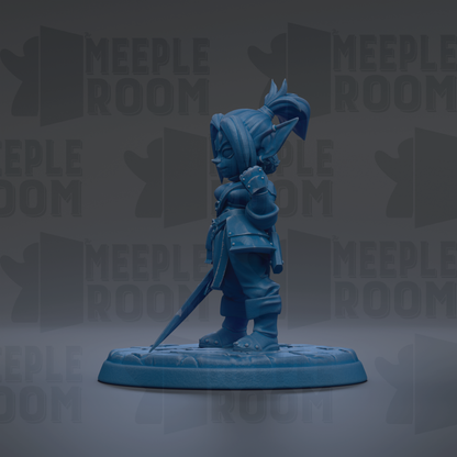A blue figurine of a character with a pointed hat and sword stands on a base against a dark background with repeated text.
