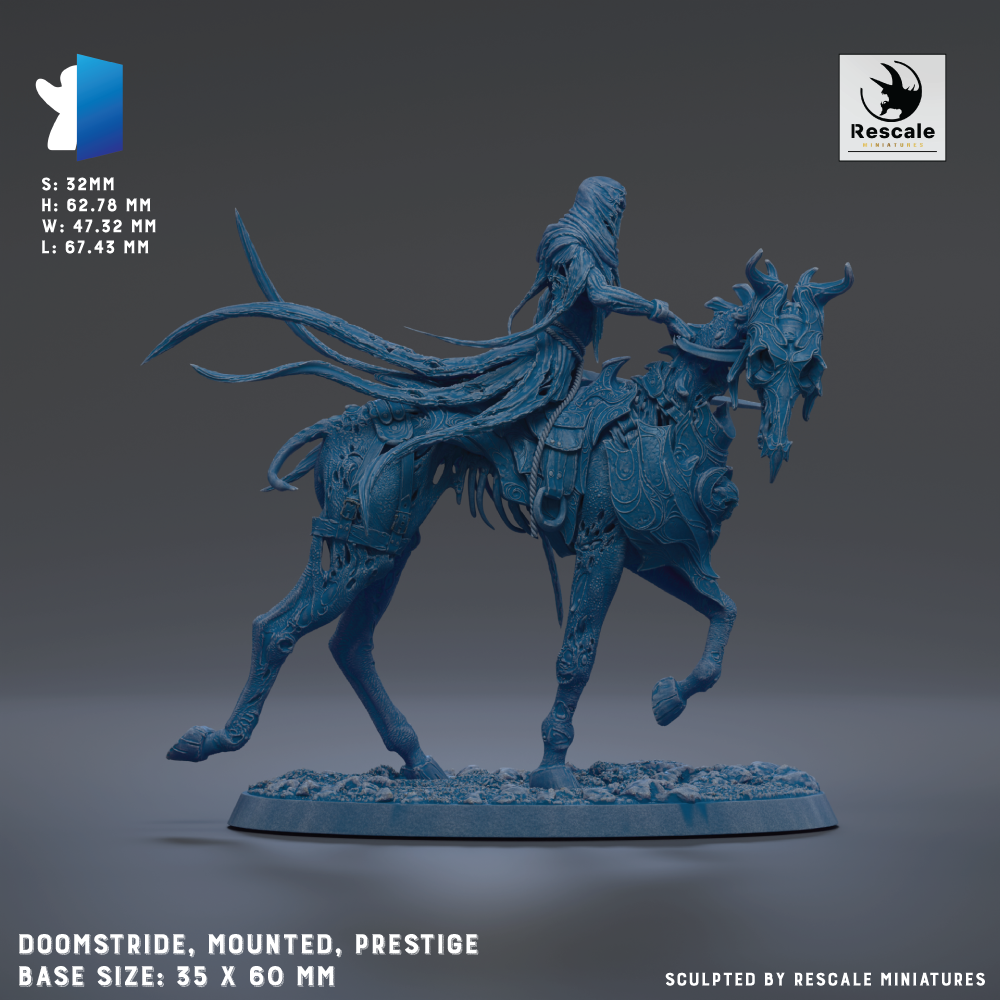 The image is a 3D rendering of a sculpted figure mounted on a horse, depicting a person riding a fantastical creature. The base size of the sculpture is 35 x 60 mm. The image is a 3D rendering of a person riding a fantastical creature, and it is not a photograph. The sculpture is mounted on a base, and it is a 3D rendering of a person riding a fantastical creature.