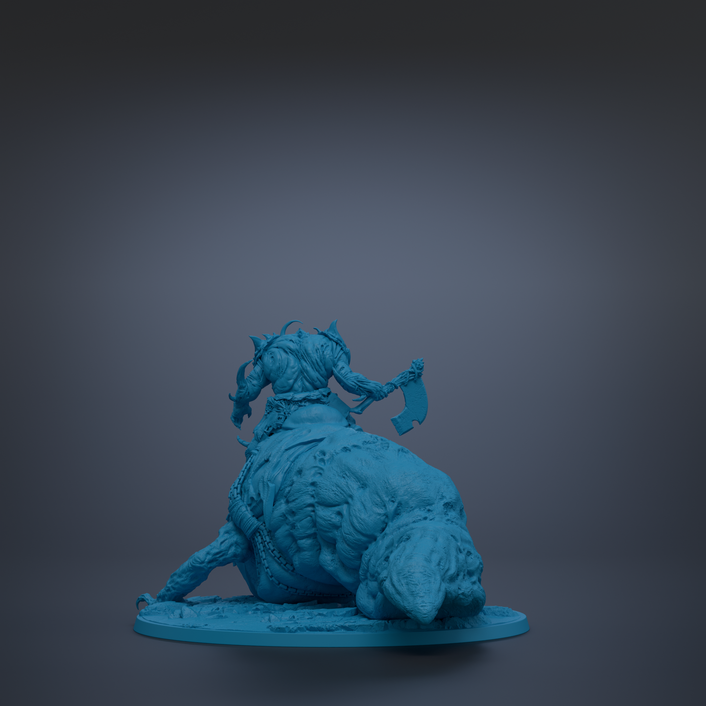 A 3D rendering of a blue-colored statue depicting a large, armored creature with a human-like head and body.