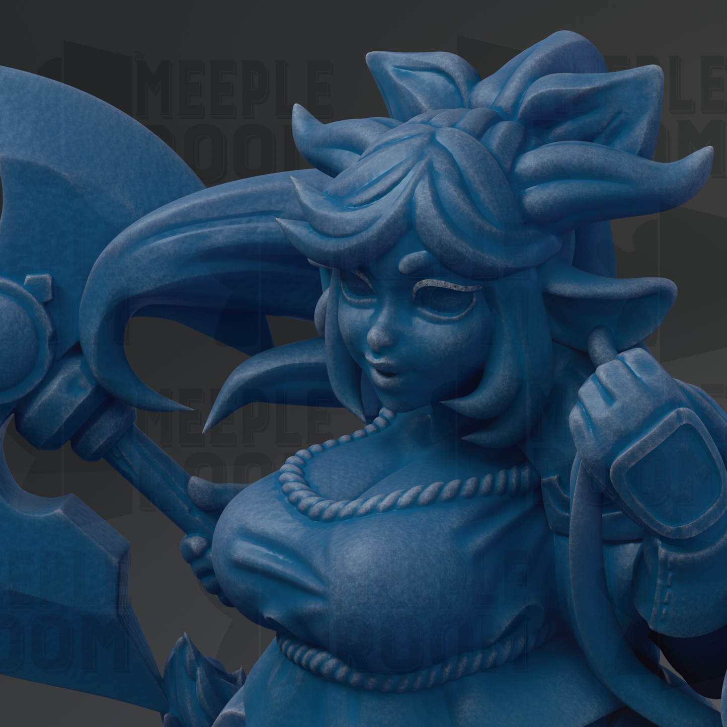 A close-up of a blue, 3D-rendered female character with a large, curved weapon in her hand.