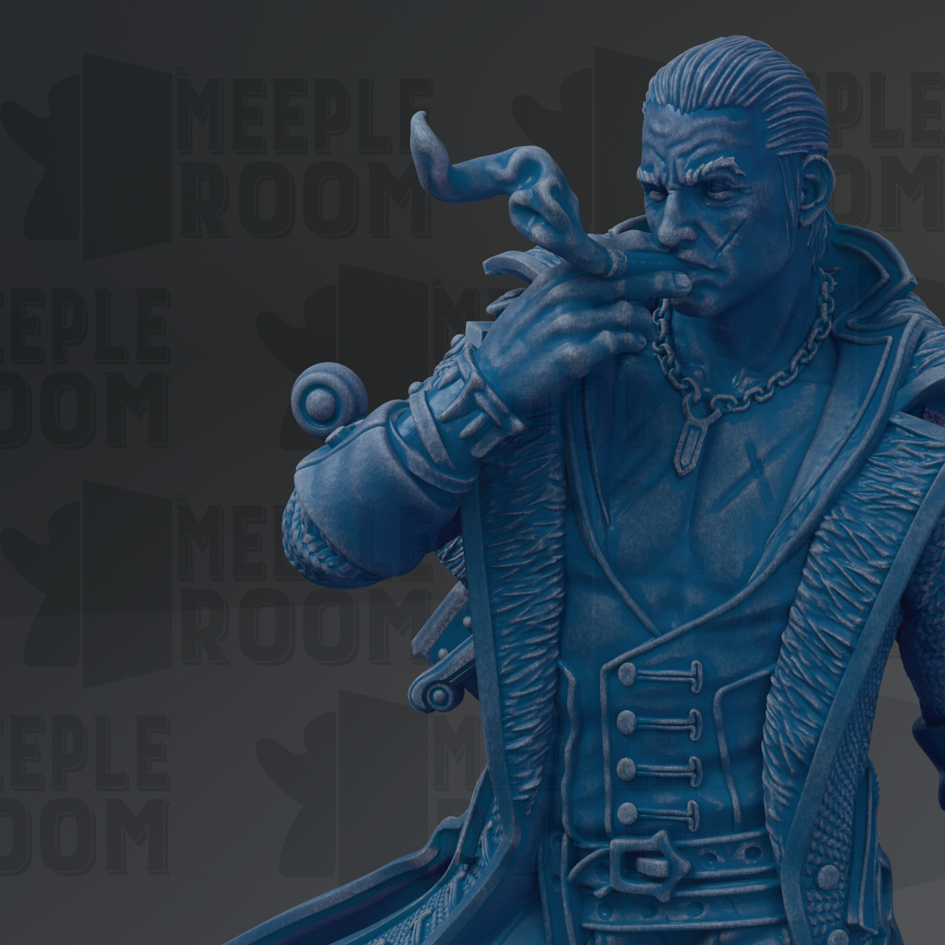 A blue statue of a man with a pipe in his mouth, wearing a coat and holding a pipe, against a dark background with the word "MEEPLE ROOM" repeated multiple times.
