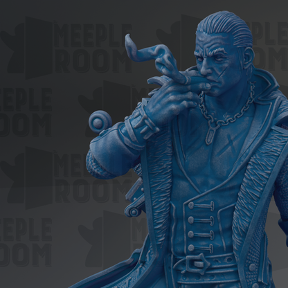 A blue statue of a man with a pipe in his mouth, wearing a coat and holding a pipe, against a dark background with the word "MEEPLE ROOM" repeated multiple times.