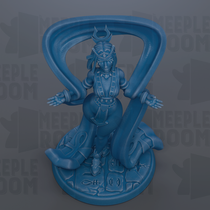 A blue figurine of a female deity or goddess, with ornate headdress and attire, standing on a pedestal.