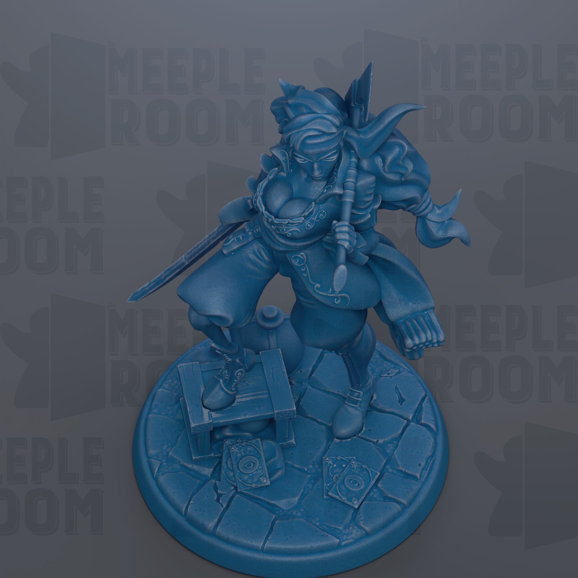 A blue figurine of a character with a sword and shield, standing on a stone base.