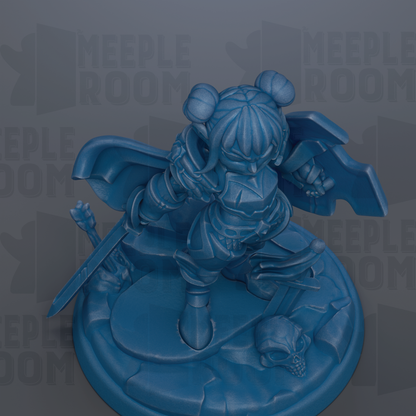 A blue figurine of a character with horns and a sword, standing on a platform with a skull and other objects.