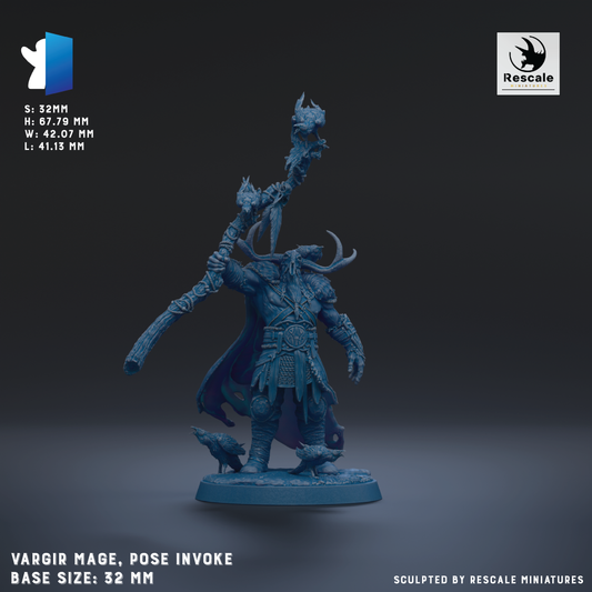 a figurine of a warrior-like character, possibly a wizard or deity, posed in a dynamic pose with a staff or staff-like object. The figurine is described as having a blue color and is shown in a 3D rendering. The base size of the figurine is 32 millimeters. The image is a 3D rendering of the figurine, and it is not a collage of multiple images. The figurine is posed in a dynamic pose, with the staff or staff-like object held above the character's head.