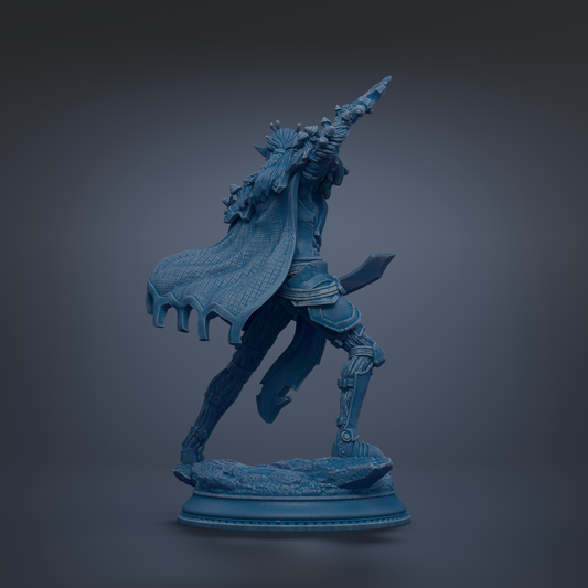 A blue statue of a figure with a cape and holding a weapon, standing on a base.