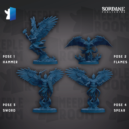 four figurines of winged creatures, each with different poses and weapons, arranged in a grid-like pattern against a dark background.