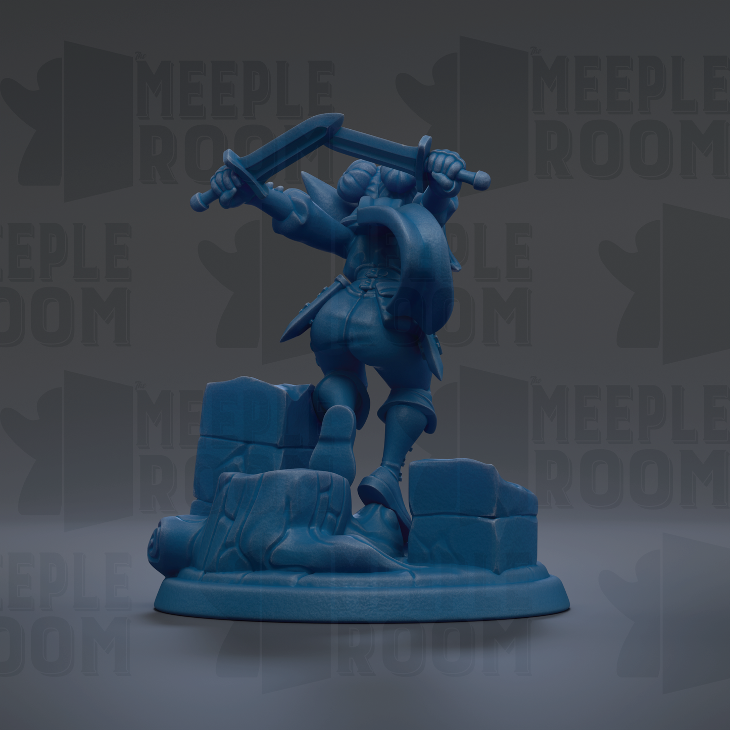 A blue figurine of a warrior standing on a pedestal, holding a sword in one hand and a shield in the other.