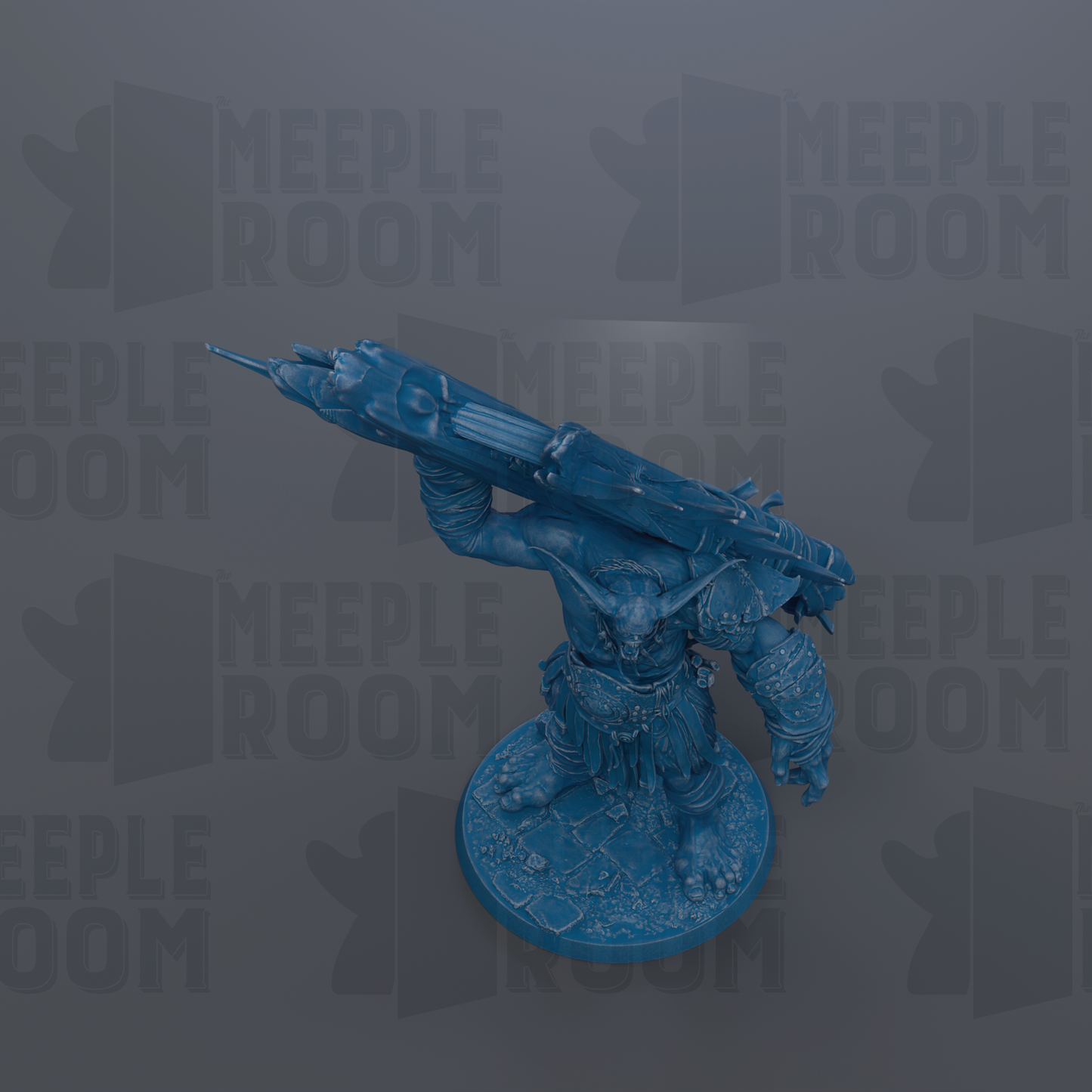 A blue figurine of a monster-like creature holding a large weapon, standing on a platform against a dark background with repeated text.