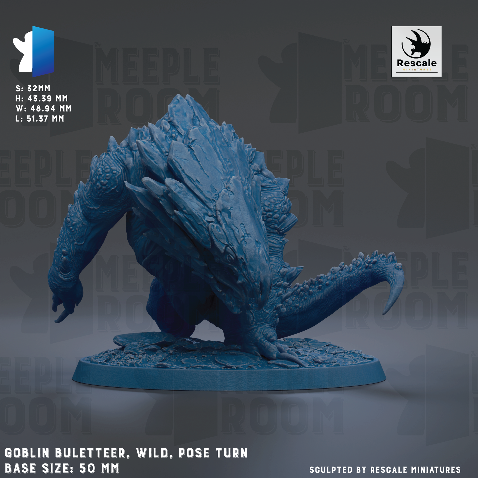 a large, blue, sculpted figurine of a fantastical creature, likely a dragon or serpent, posed in a dynamic, crouching or standing position. The figurine is displayed on a blue base, and the image includes text providing information about the base size and the sculptor.