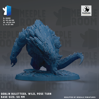 a large, blue, sculpted figurine of a fantastical creature, likely a dragon or serpent, posed in a dynamic, crouching or standing position. The figurine is displayed on a blue base, and the image includes text providing information about the base size and the sculptor.