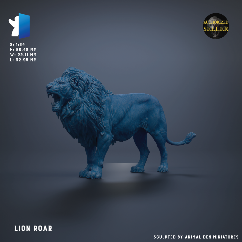 a blue lion statue, with the text "LION ROAR" and "Sculpted by Animal Den miniatures" below it.