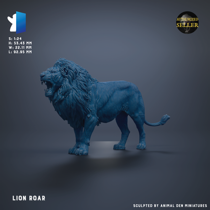 a blue lion statue, with the text "LION ROAR" and "Sculpted by Animal Den miniatures" below it.