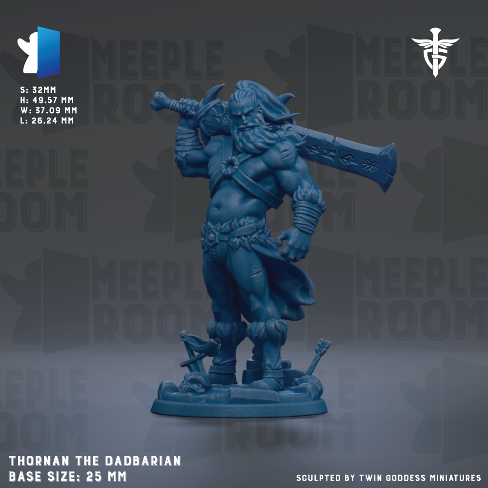 The image is a figurine of a muscular, bearded man holding a large sword. The figurine is in a blue color and is standing on a base. The image is described as a "base size: 25mm" and "thorn the dabadarian" with the base size being "25mm". The figurine is described as "sculpted by twin goddesses miniatures".