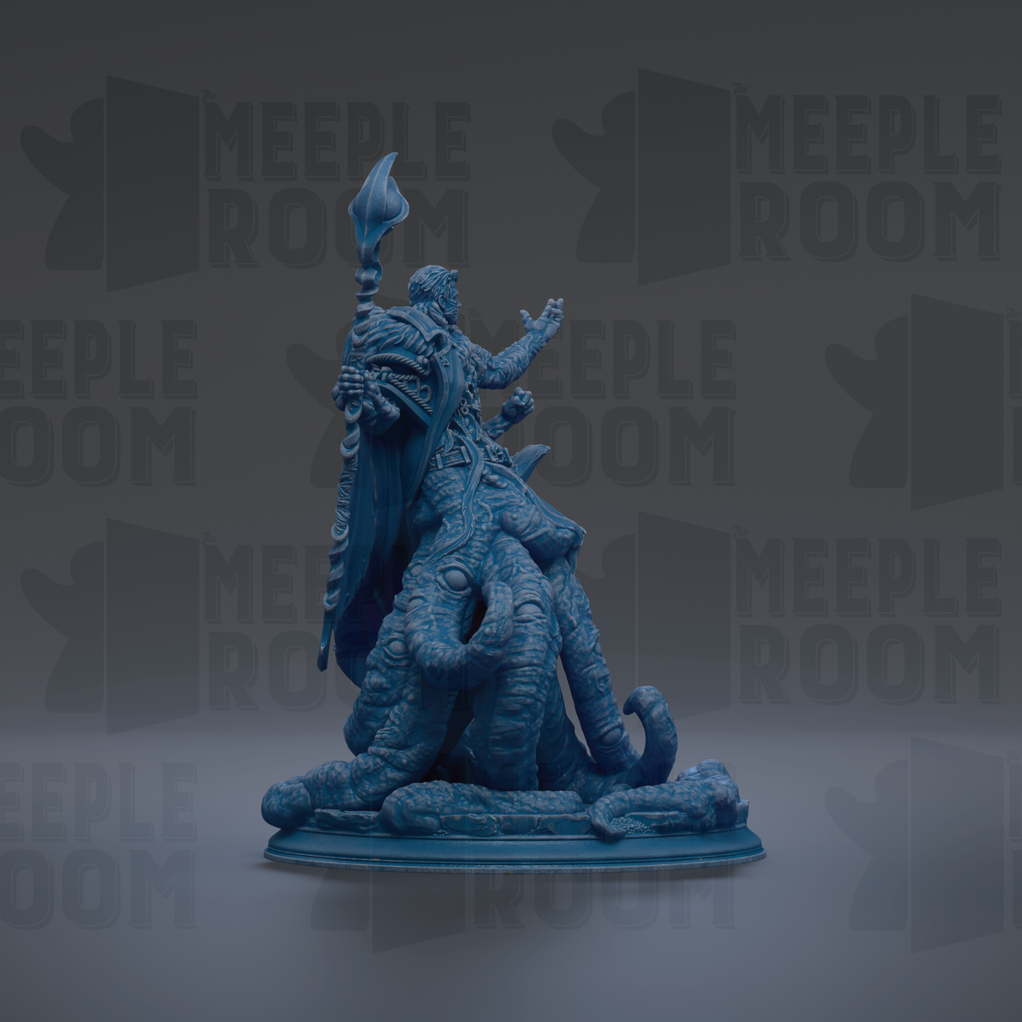 A blue figurine of a person standing on a large, abstract creature against a dark background with repeated text.