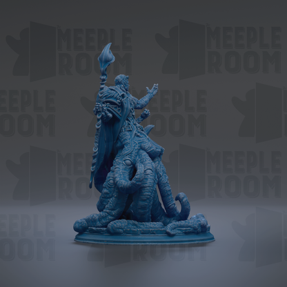 A blue figurine of a person standing on a large, abstract creature against a dark background with repeated text.